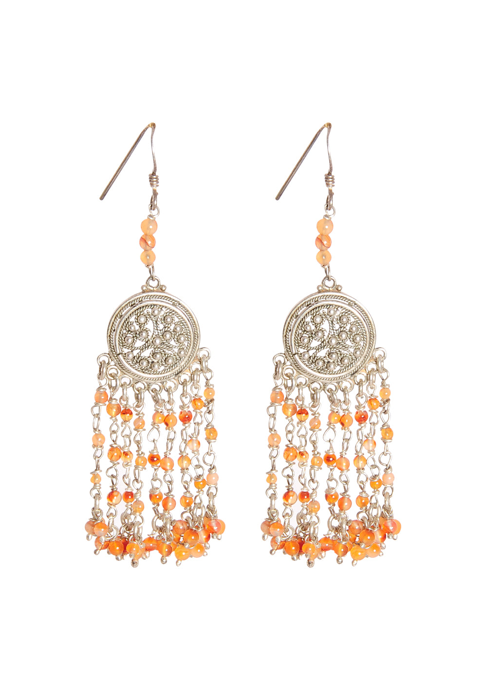Designer pair of Traditional Indian Jhumkis in Pure 925 Silver with Carnelian beads
