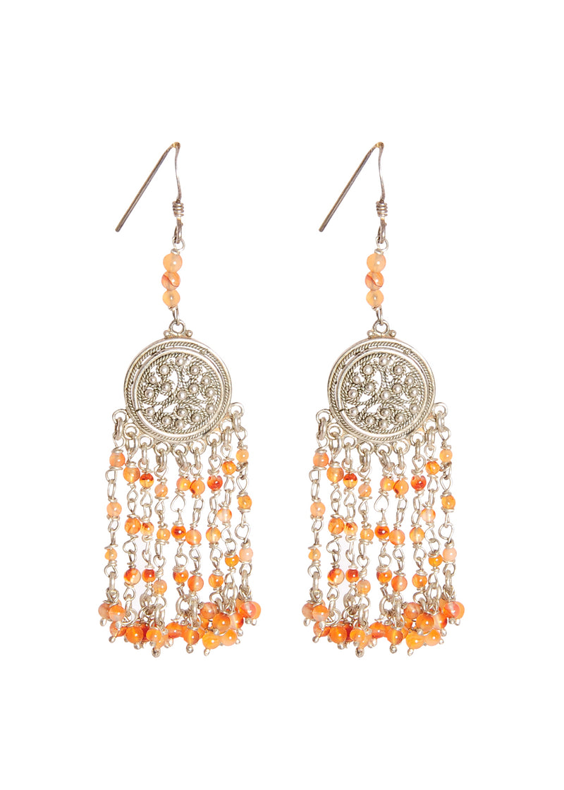 Designer pair of Traditional Indian Jhumkis in Pure 925 Silver with Carnelian beads