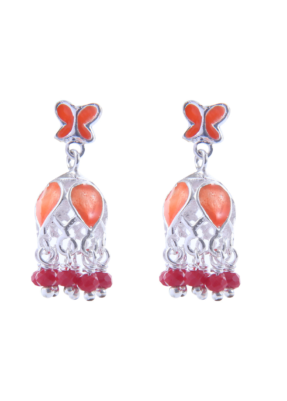 Designer pair of Traditional Indian Jhumkis in Orange Enamel and 925 Silver