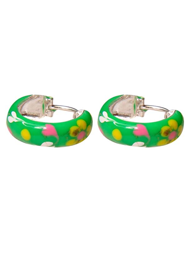 925 Sterling Silver Cute Pair of Green Enamel Hoop Earrings