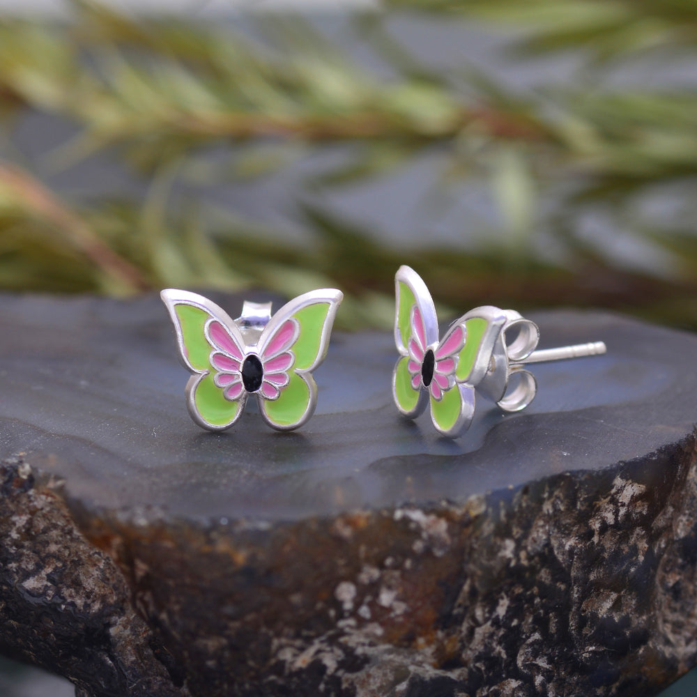 Pure 925 Sterling Silver Cute and Elegant Enamel Butterfly Studs Earrings