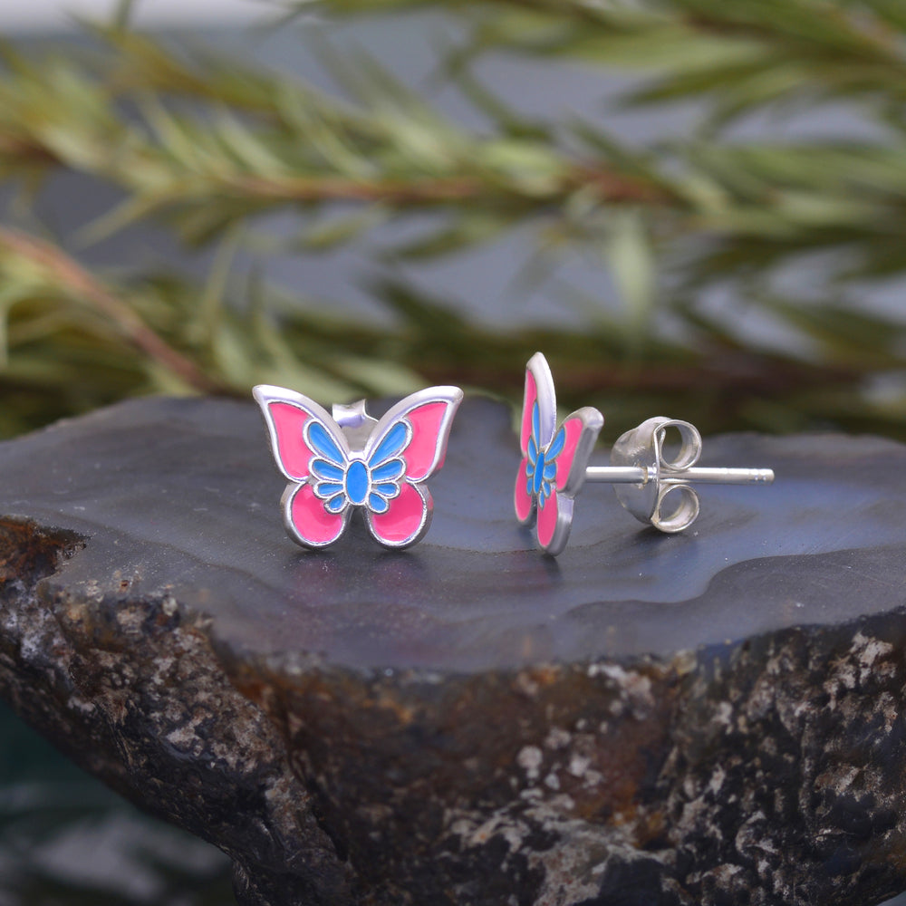 Pure 925 Sterling Silver Cute and Elegant Enamel Butterfly Studs Earrings