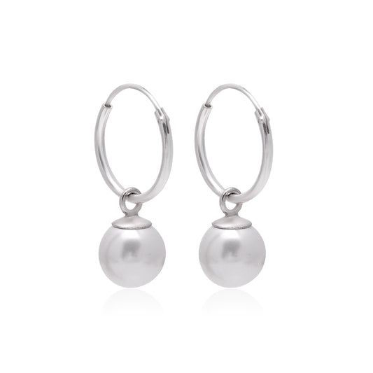 92.5 Sterling Silver 14mm Hoop Earrings with 8mm hanging White Pearl