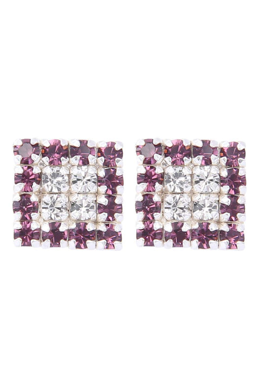 92.5 Sterling Silver Square Studs Unisex Earrings  Purple and White Cubic Zirconia CZ