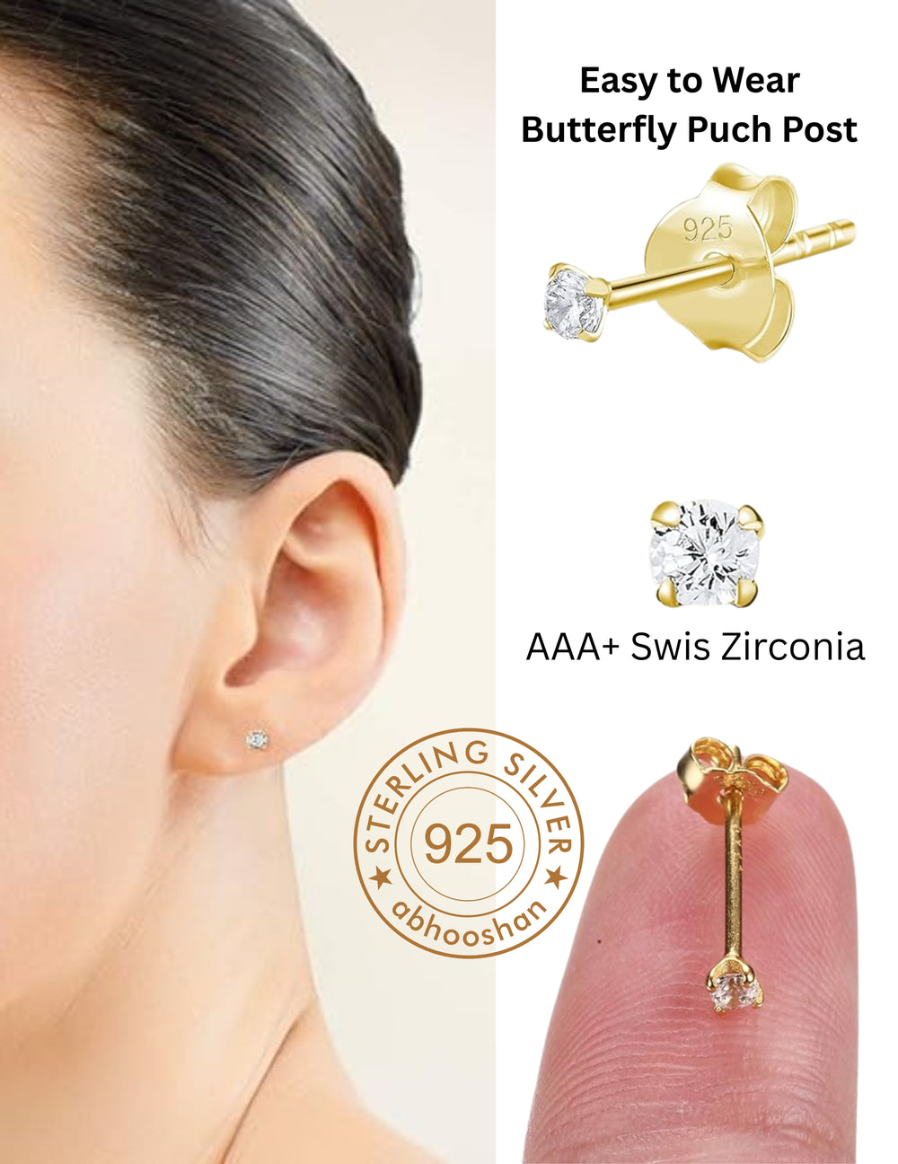 18k Gold Plated 925 Sterling Silver pair of Round 2mm Single White Cz Unisex Stud Earrings