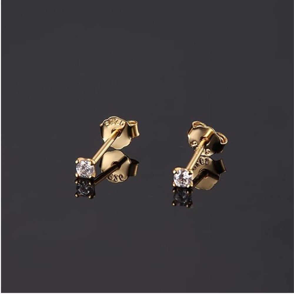 18k Gold Plated 925 Sterling Silver pair of Round 2mm Single White Cz Unisex Stud Earrings