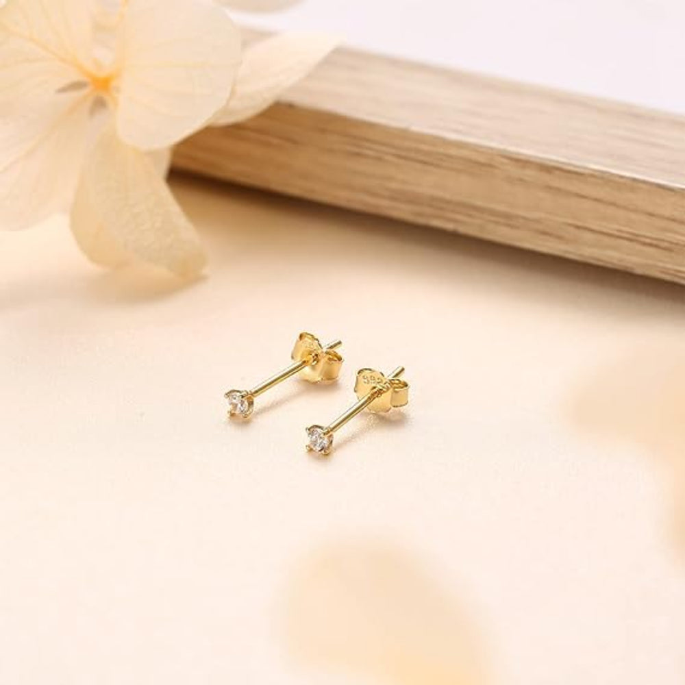 18k Gold Plated 925 Sterling Silver pair of Round 2mm Single White Cz Unisex Stud Earrings