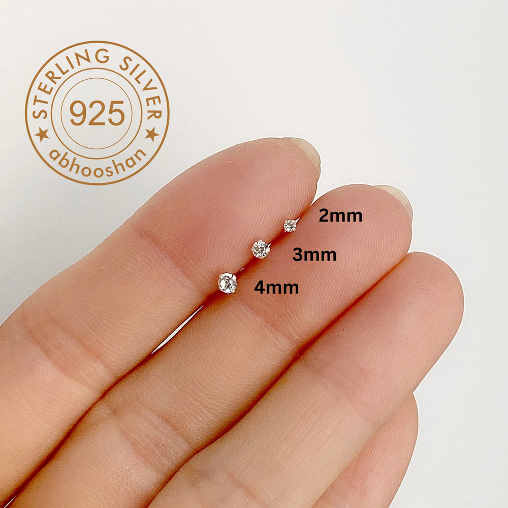 18k Gold Plated 925 Sterling Silver pair of Round 2mm Single White Cz Unisex Stud Earrings