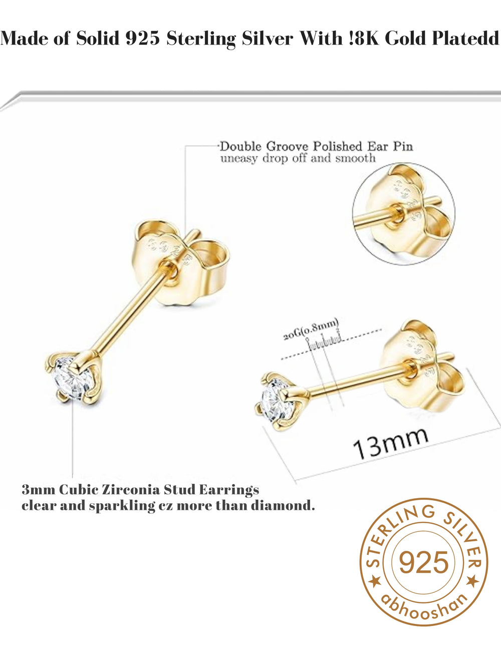 18k Gold Plated 925 Sterling Silver pair of Round 3mm Single White Cz Unisex Stud Earrings