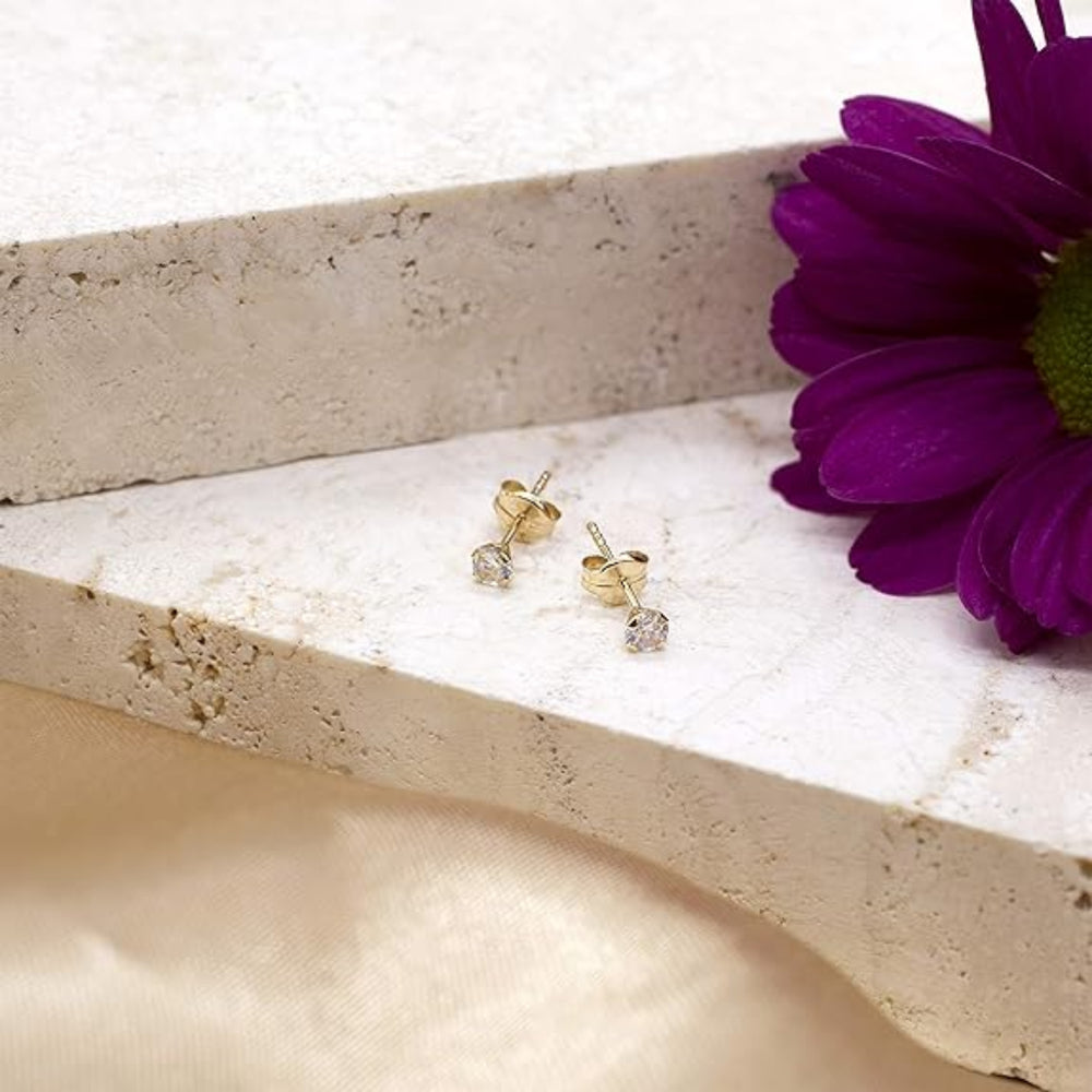 18k Gold Plated 925 Sterling Silver pair of Round 3mm Single White Cz Unisex Stud Earrings
