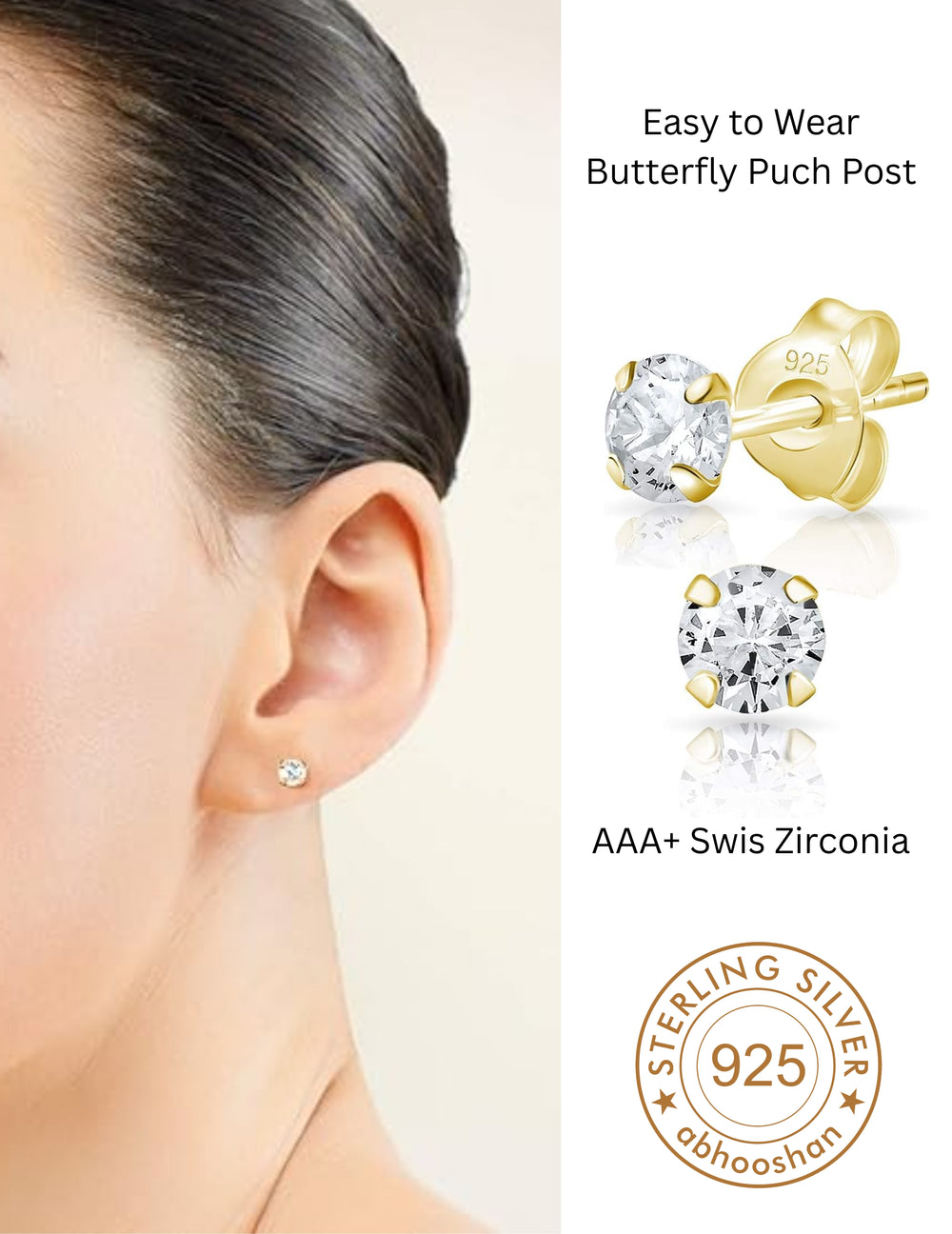 18k Gold Plated 925 Sterling Silver pair of Round 4mm Single White Cz Unisex Stud Earrings