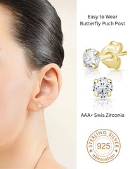 18k Gold Plated 925 Sterling Silver pair of Round 4mm Single White Cz Unisex Stud Earrings