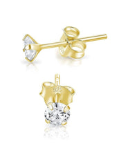 18k Gold Plated 925 Sterling Silver pair of Round 4mm Single White Cz Unisex Stud Earrings