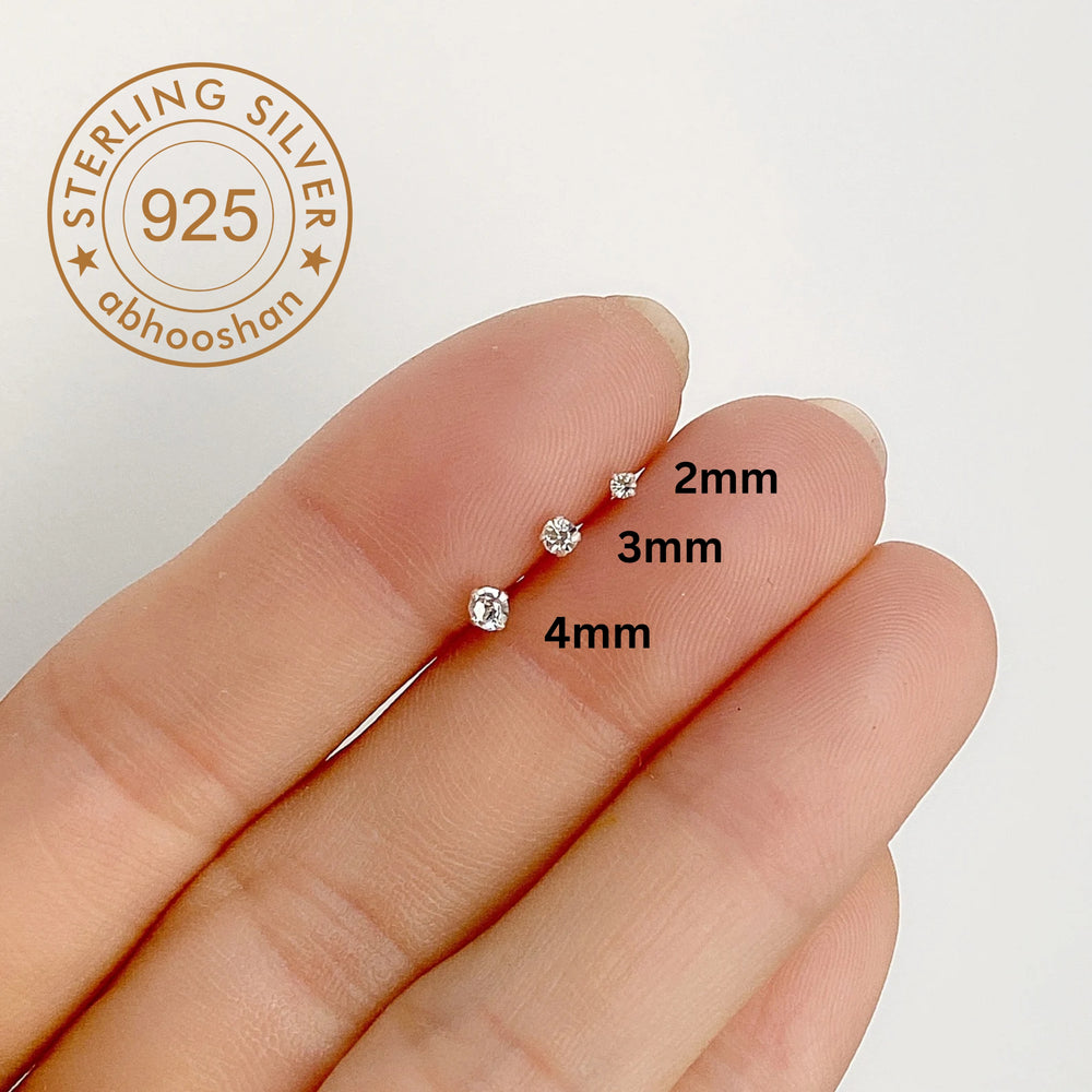 18k Gold Plated 925 Sterling Silver pair of Round 4mm Single White Cz Unisex Stud Earrings