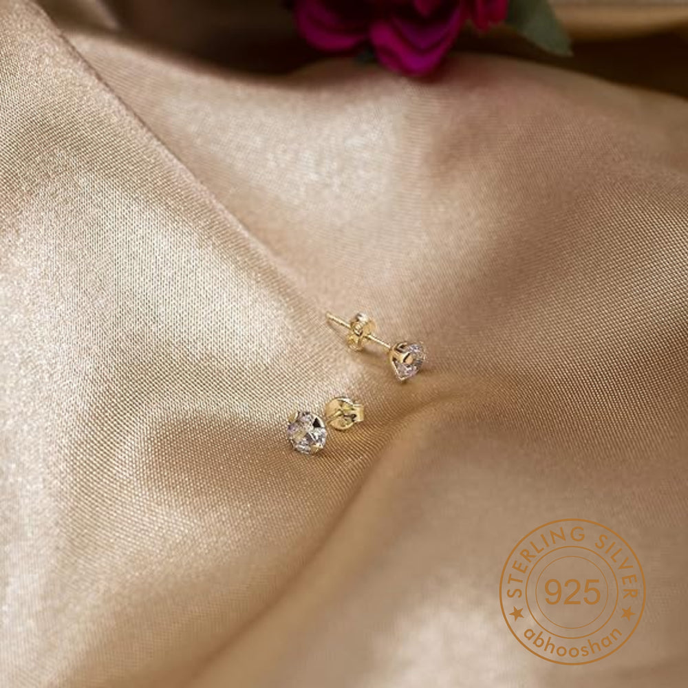 18k Gold Plated 925 Sterling Silver pair of Round 5mm Single White Cz Unisex Stud Earrings