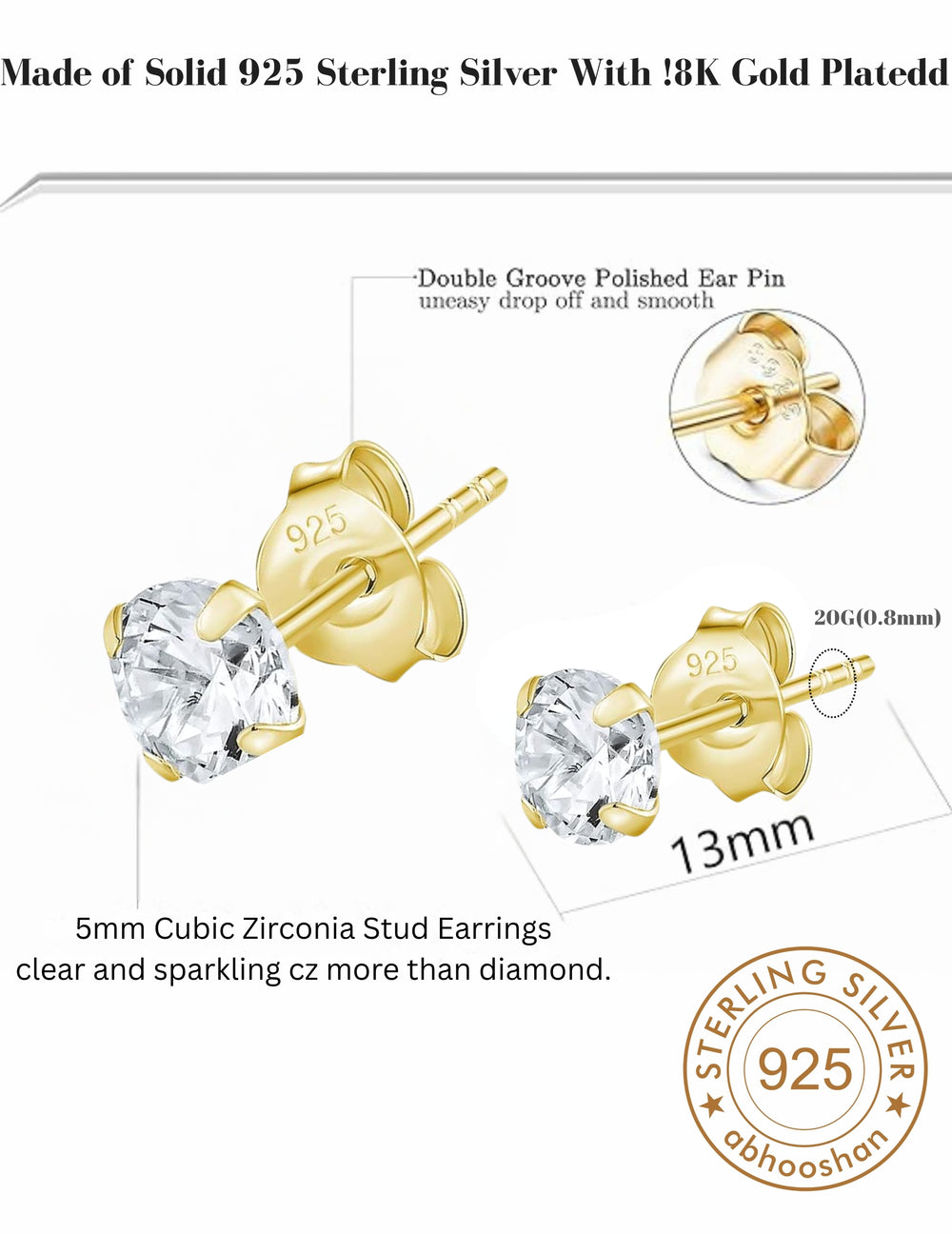 18k Gold Plated 925 Sterling Silver pair of Round 5mm Single White Cz Unisex Stud Earrings