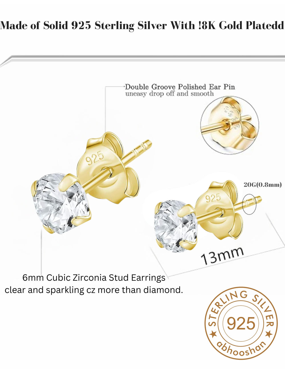 18k Gold Plated 925 Sterling Silver pair of Round 6 mm Single White Cz Unisex Stud Earrings