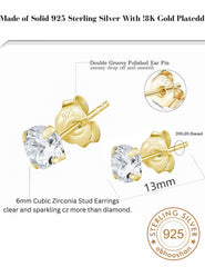 18k Gold Plated 925 Sterling Silver pair of Round 6 mm Single White Cz Unisex Stud Earrings