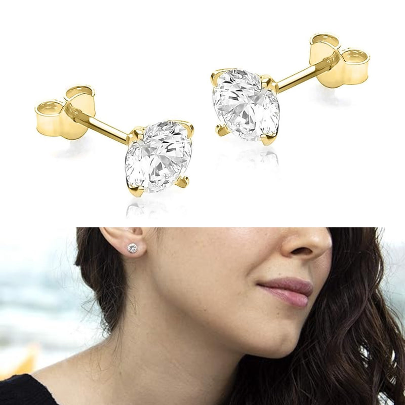18k Gold Plated 925 Sterling Silver pair of Round 6 mm Single White Cz Unisex Stud Earrings