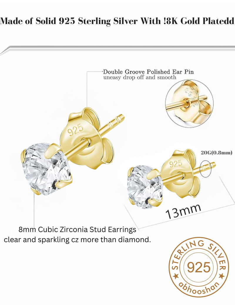 18k Gold Plated 925 Sterling Silver pair of Round 8mm Single Stone White CZ Unisex Stud Earrings