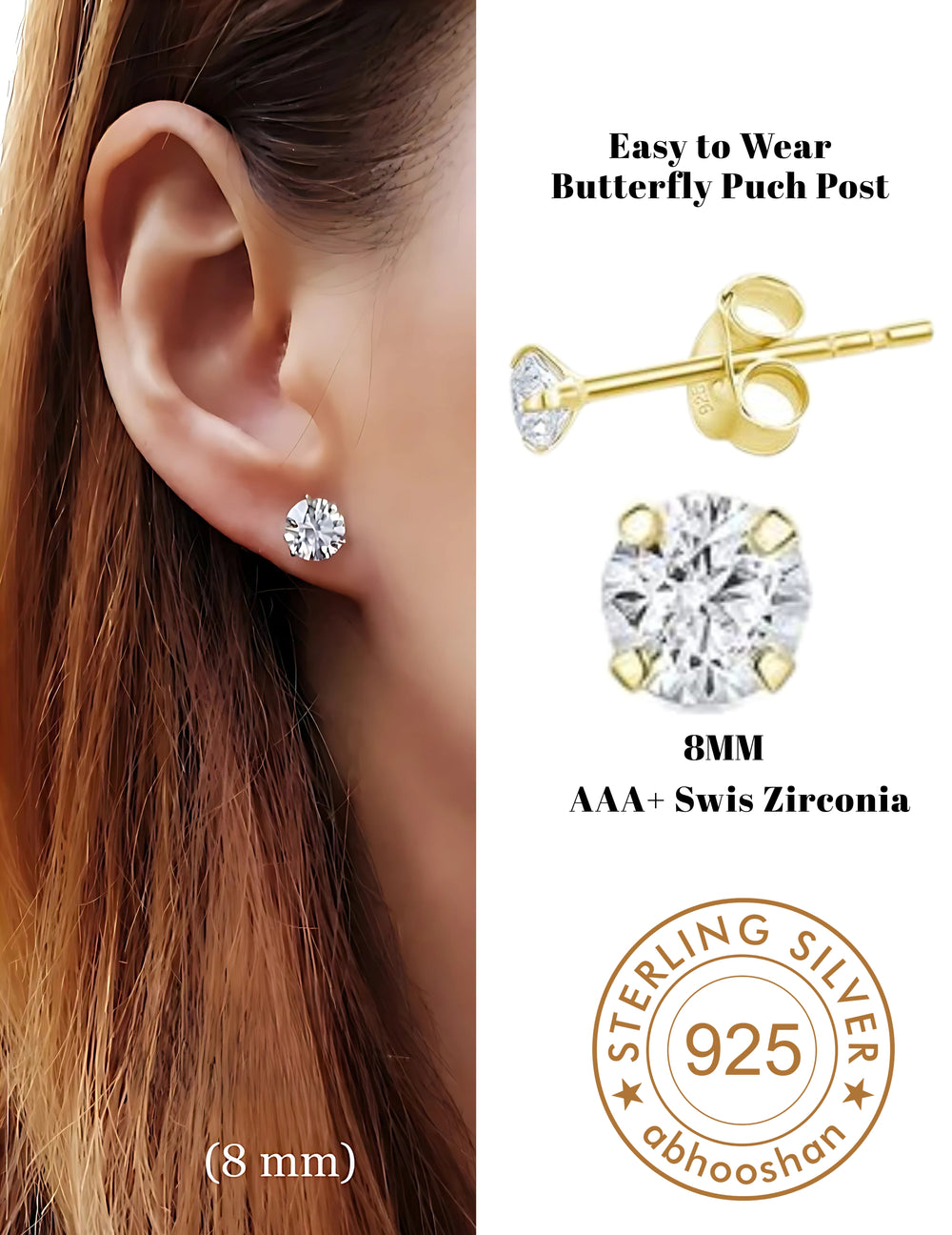18k Gold Plated 925 Sterling Silver pair of Round 8mm Single Stone White CZ Unisex Stud Earrings