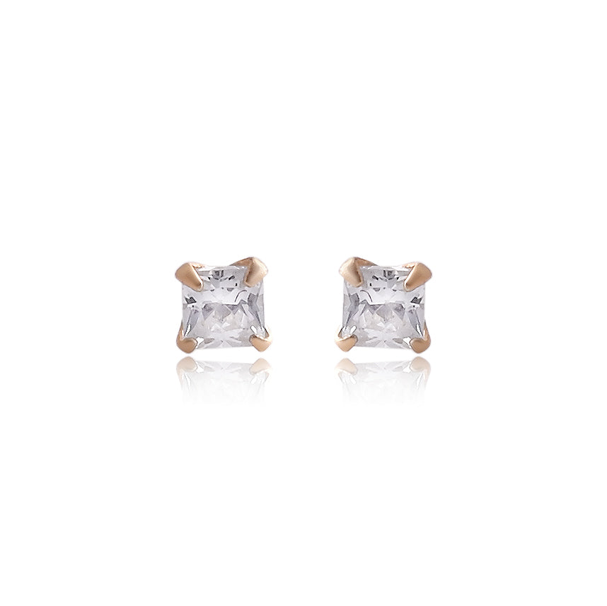 18k Gold Plated 925 Sterling Silver pair of Square shape 2mm Single White Cz Unisex Stud Earrings (