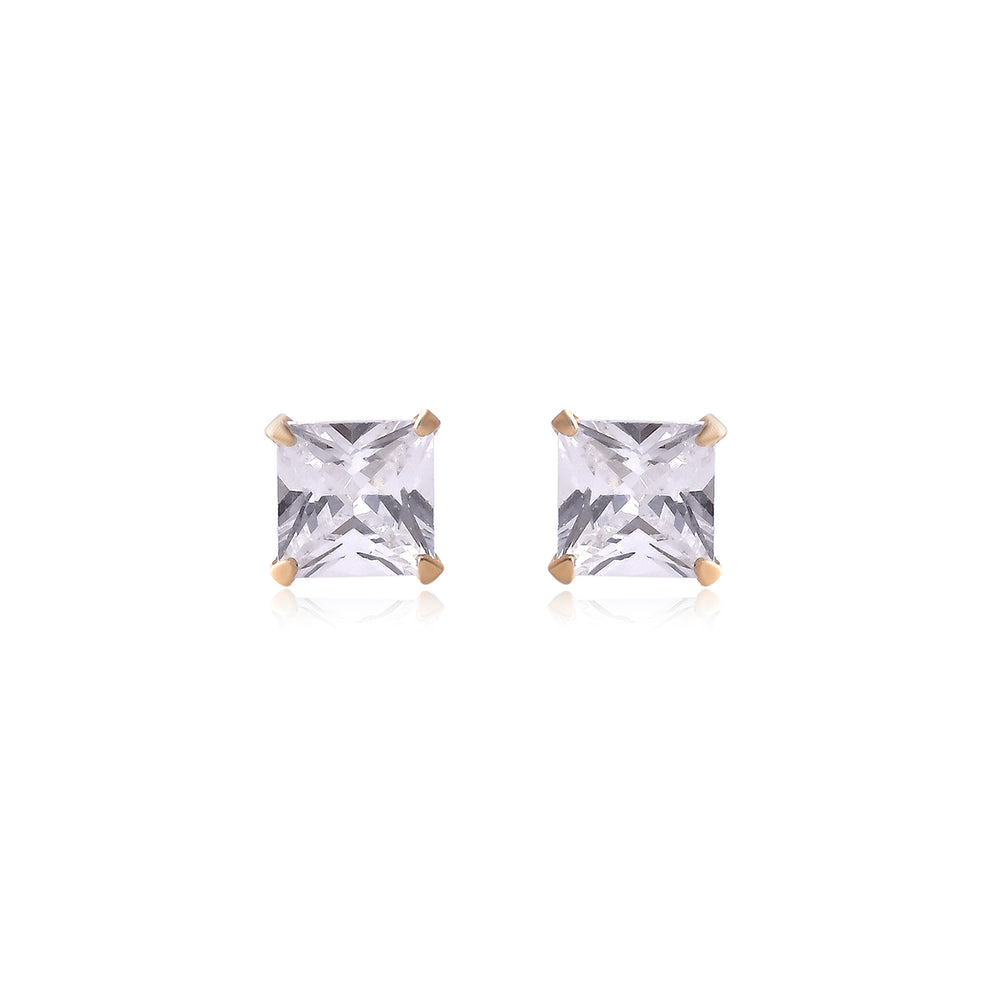 18k Gold Plated 925 Sterling Silver pair of Square shape 4mm Single White Cz Unisex Stud Earrings