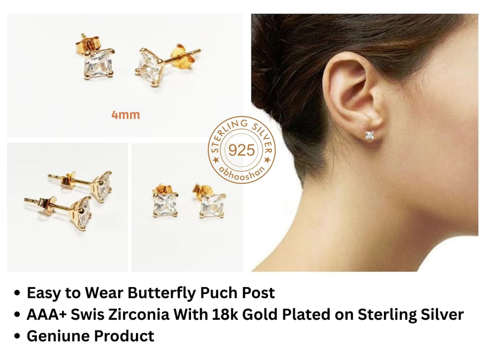 18k Gold Plated 925 Sterling Silver pair of Square shape 4mm Single White Cz Unisex Stud Earrings