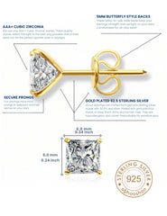 18k Gold Plated 925 Sterling Silver pair of Square shape 6mm Single White Cz Unisex Stud Earrings