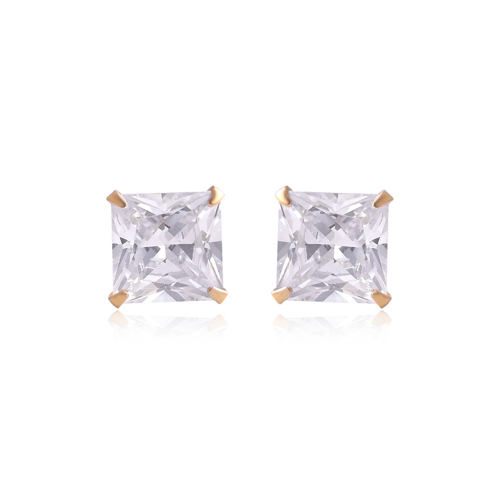18k Gold Plated 925 Sterling Silver pair of Square shape 7mm Single White Cz Unisex Stud Earrings