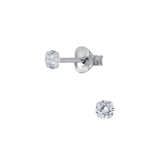 925 Sterling Silver pair of Round shape 3mm Single White Cubic Zircon (CZ) Stone Solitaire Stud Earrings