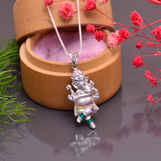 Standing Ganesha Sterling Silver Pendant with Cz Stones and Enamel