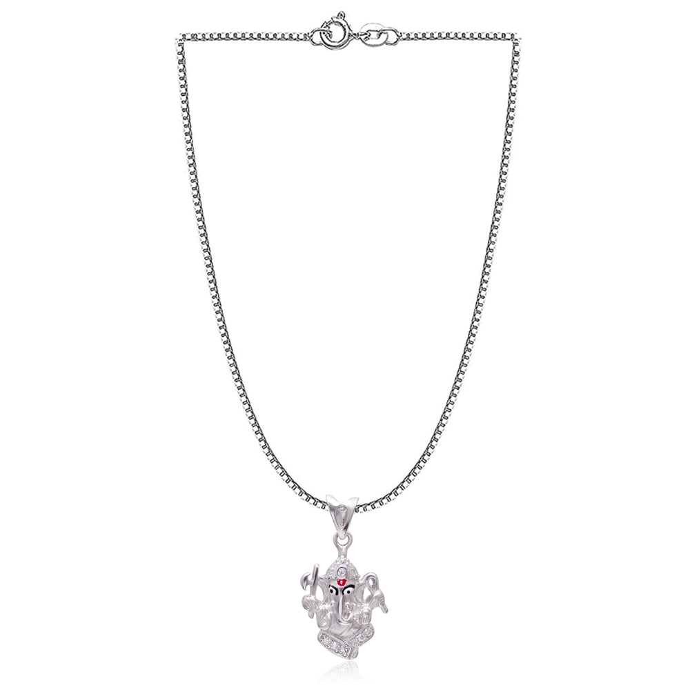 Ganpati 92.5 Sterling Silver Enamel Pendant with Cz with 18 inch Chain
