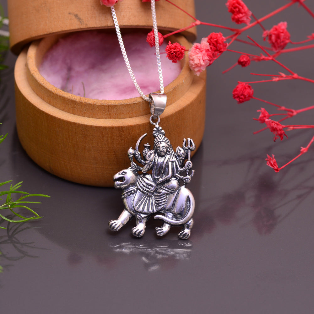Maa Sherawali 92.5 Sterling Silver Religious Pendant With 18 inch 925 Silver Chain
