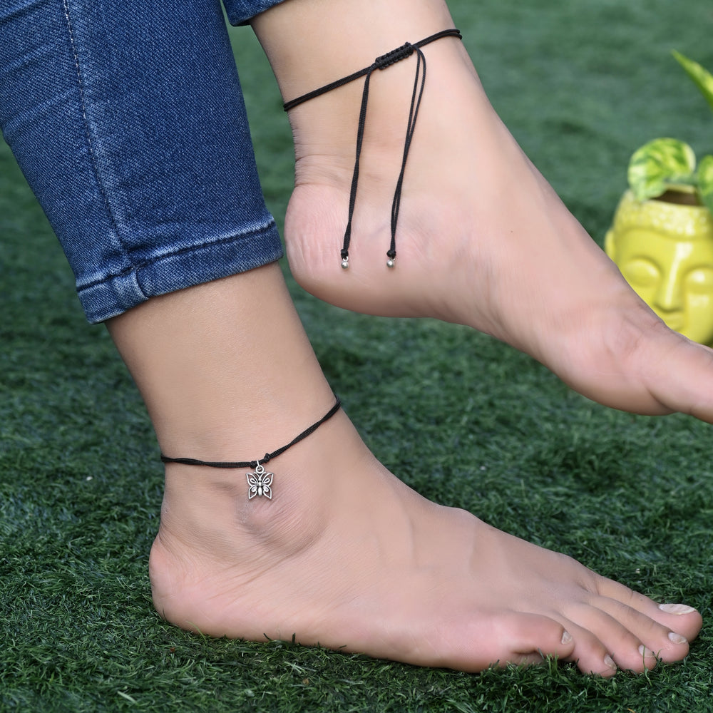 Trendy Butterfly Anklet with Black Thread