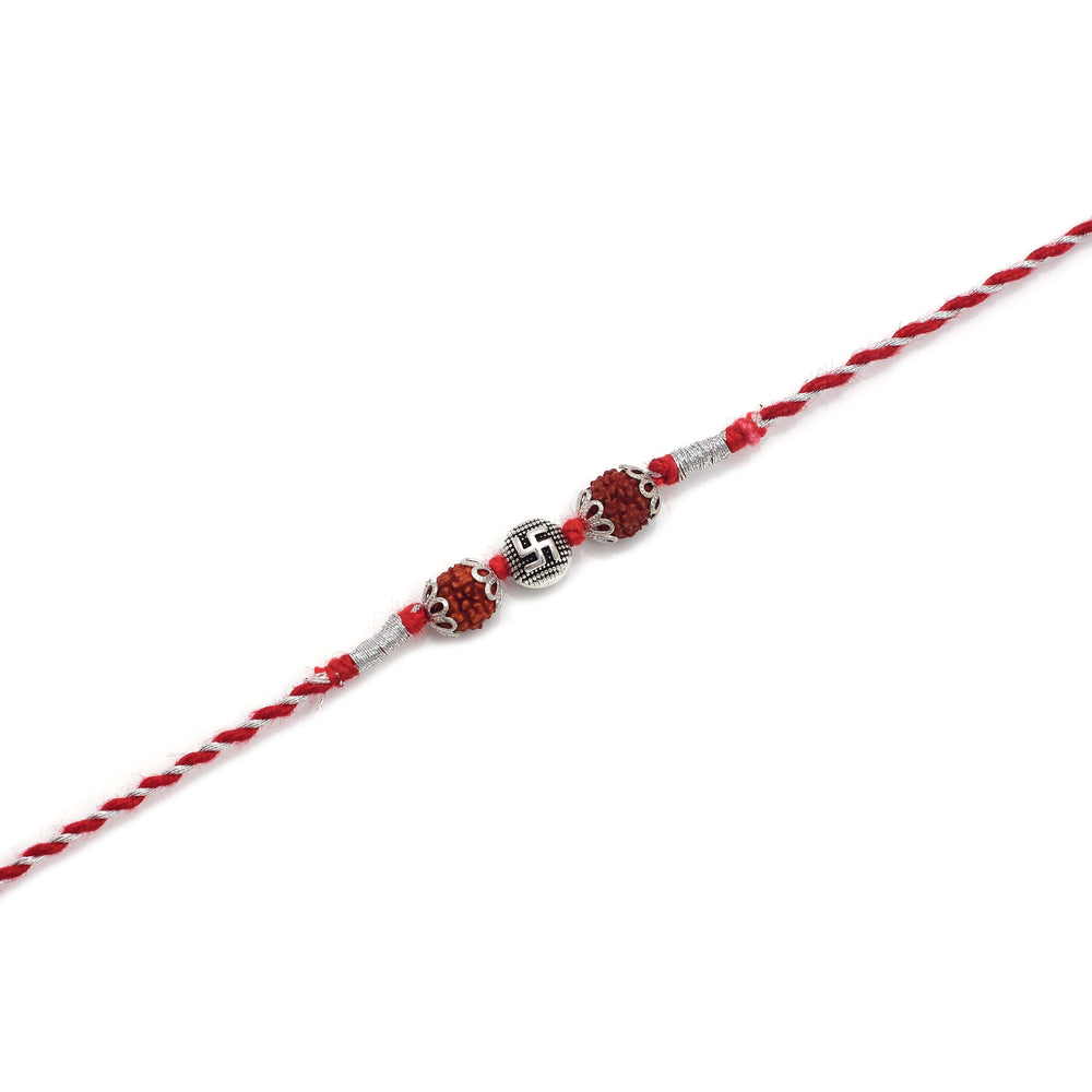 Combo of Silver Alloy Rudraksh Swastik Thread Rakhi for Bhaiya Bhabhi Couple Rakhi