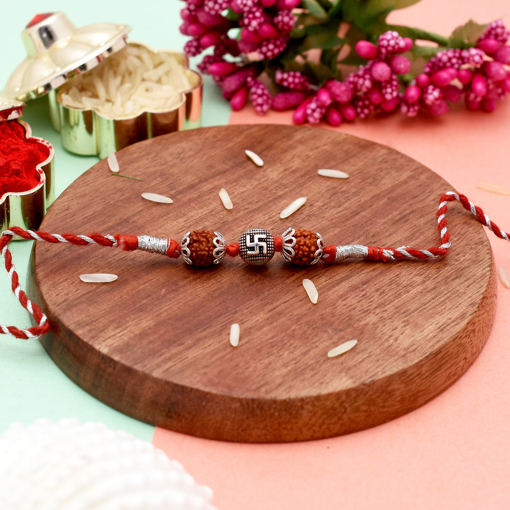 Combo of Silver Alloy Rudraksh Swastik Thread Rakhi for Bhaiya Bhabhi Couple Rakhi