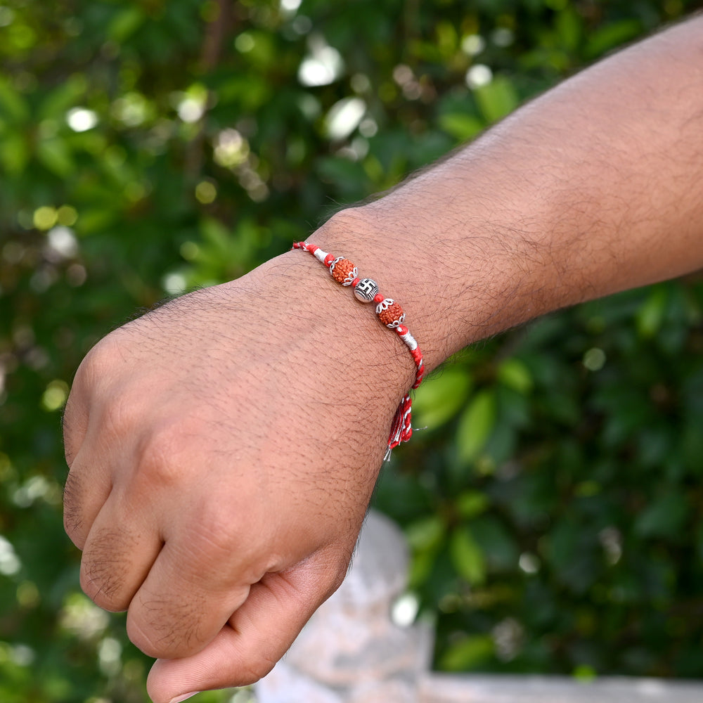 Combo of Silver Alloy Rudraksh Swastik Thread Rakhi for Bhaiya Bhabhi Couple Rakhi