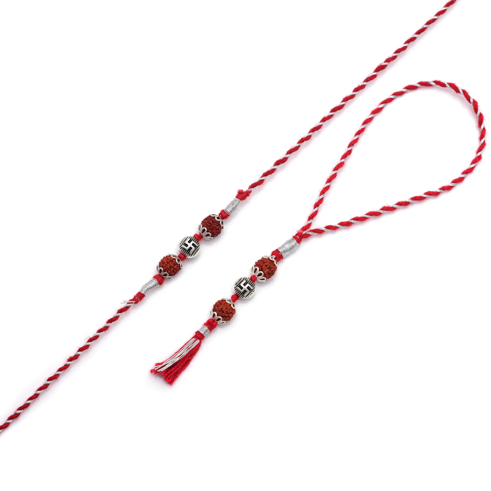 Combo of Silver Alloy Rudraksh Swastik Thread Rakhi for Bhaiya Bhabhi Couple Rakhi