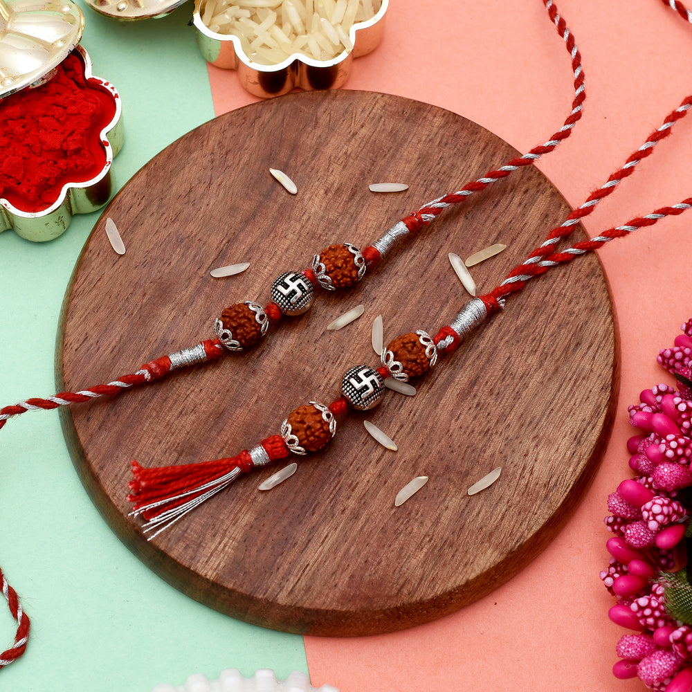 Combo of Silver Alloy Rudraksh Swastik Thread Rakhi for Bhaiya Bhabhi Couple Rakhi