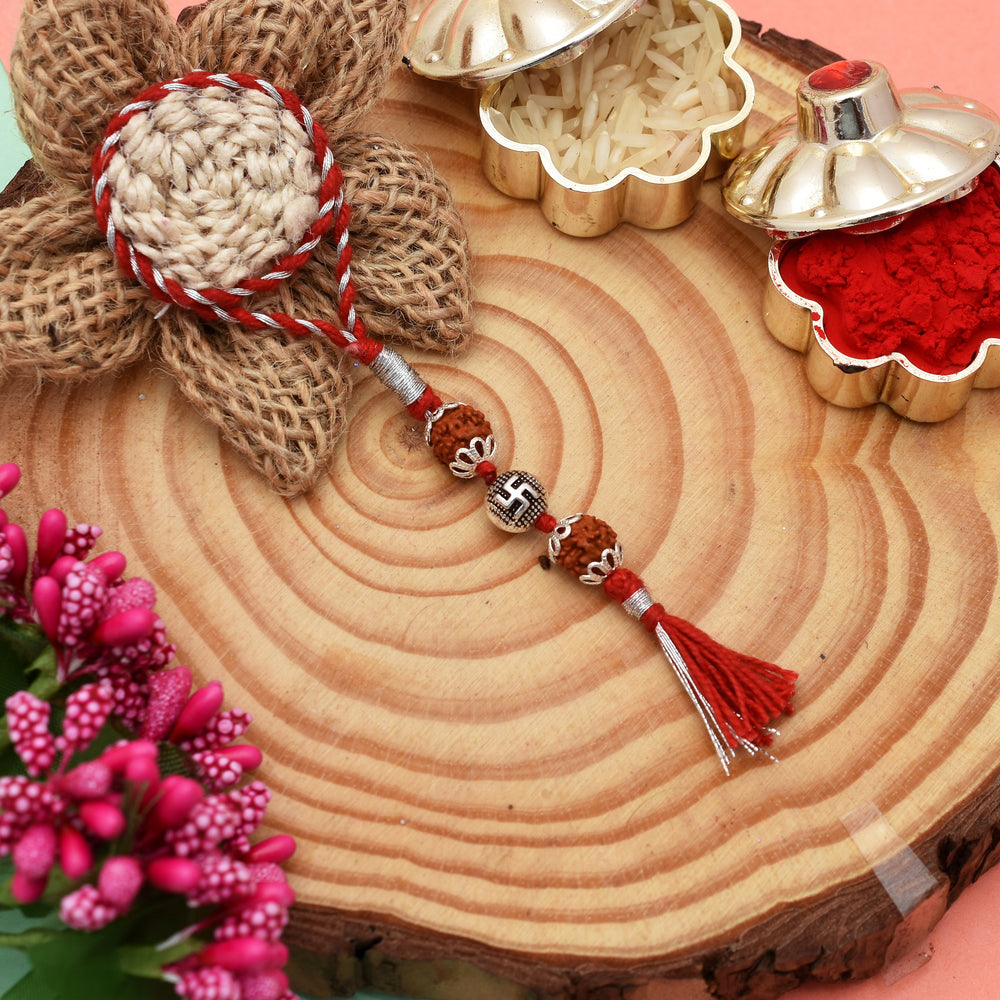 Combo of Silver Alloy Rudraksh Swastik Thread Rakhi for Bhaiya Bhabhi Couple Rakhi
