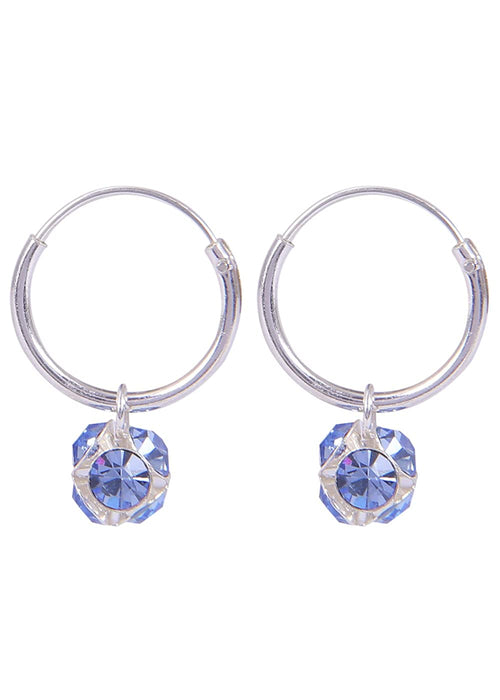 Sterling Silver Blue Cubic Zirconia Hanging Balls in 10 mm Silver Hoops - Default Title - Abhooshan