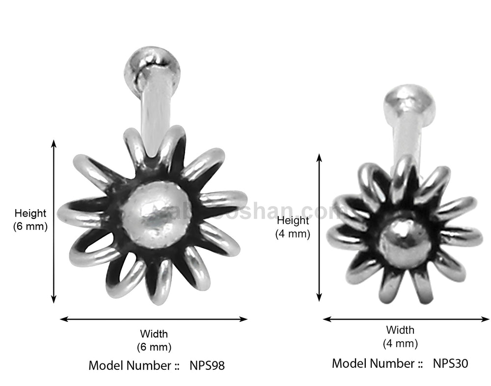 Flower shape Nose Stud 6 MM in 92.5 Oxidized Silver