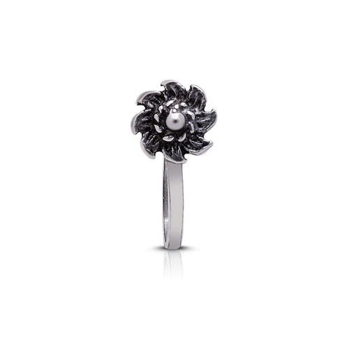 Oxidized Flower Clip on Nose Pin in 92.5 Silver - Default Title - Abhooshan