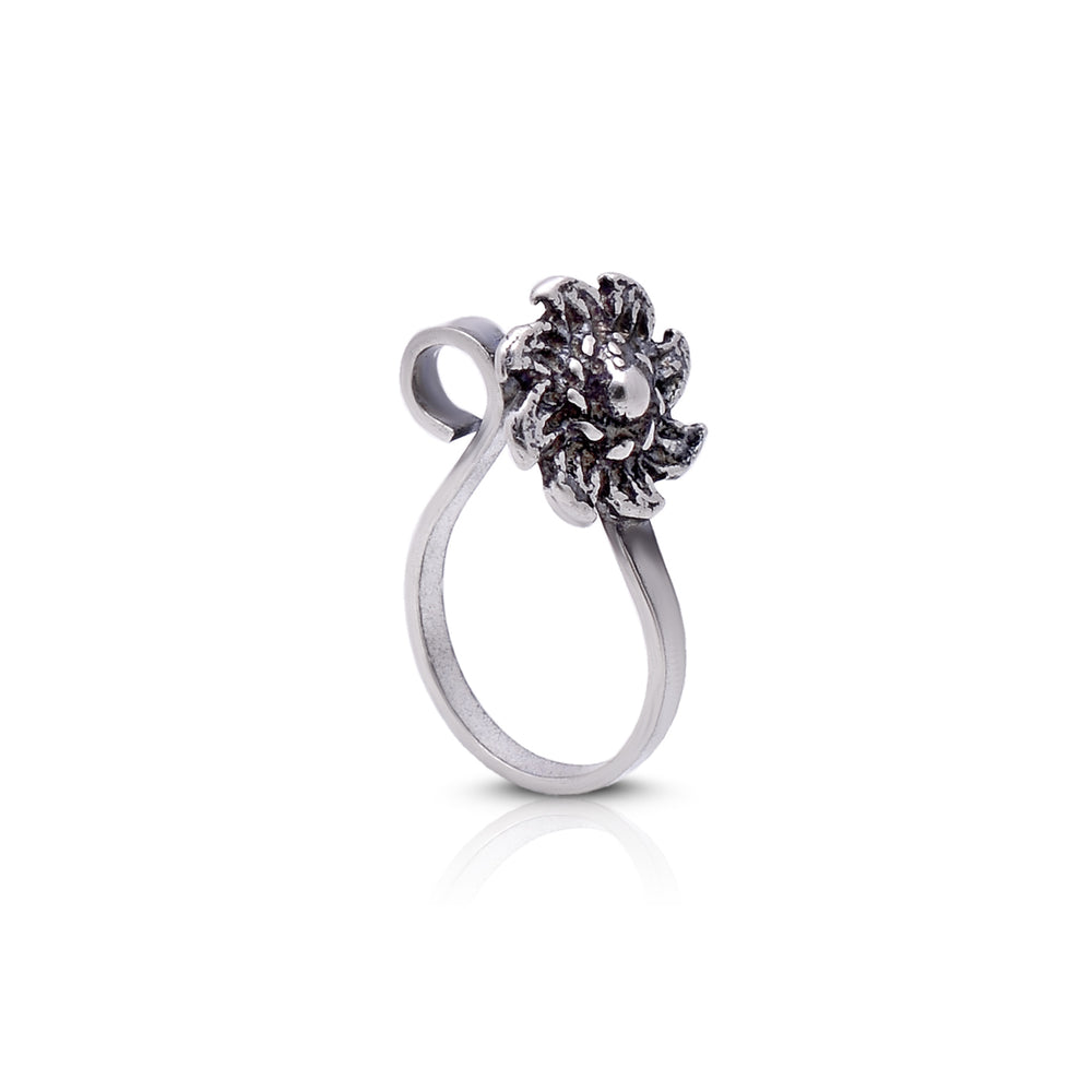 Oxidized Flower Clip on Nose Pin in 92.5 Silver