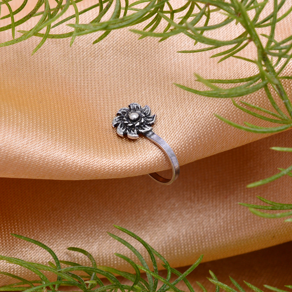 Oxidized Flower Clip on Nose Pin in 92.5 Silver