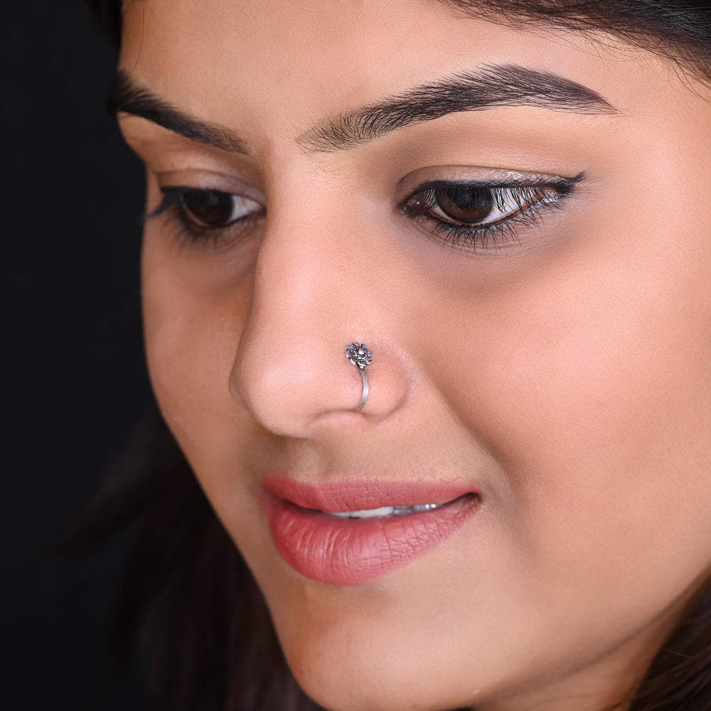 Oxidized Flower Clip on Nose Pin in 92.5 Silver