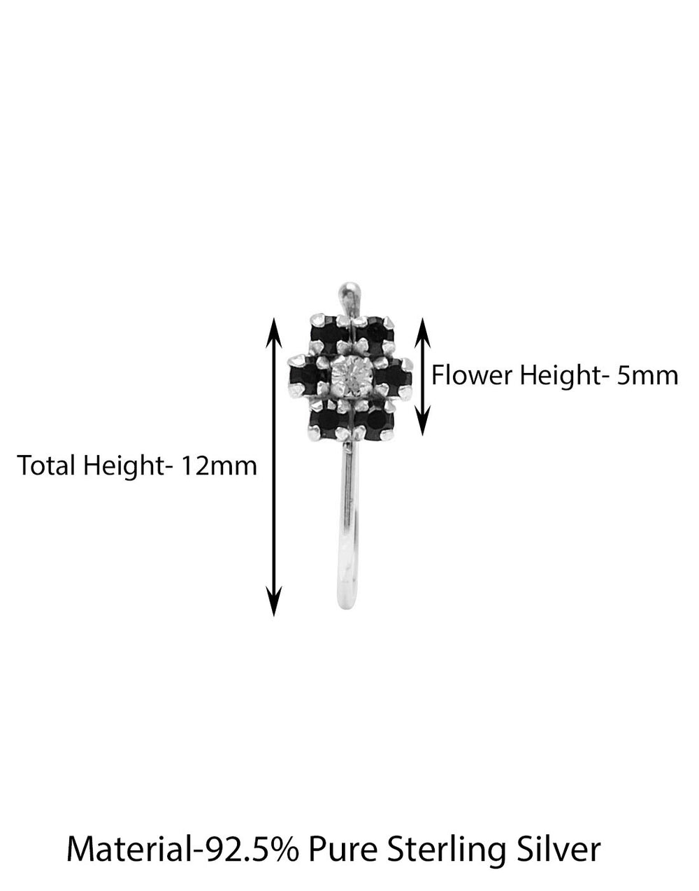 Light Weighted Flower Clip on Nose Pin in 92.5 Silver and Black Cubic Zirconia Stones