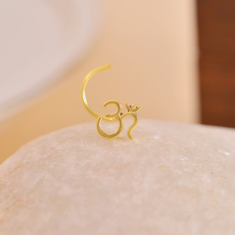 18k Gold Plated OM Nose Pin with wire in 92.5 Sterling Silver for Women and Girls
