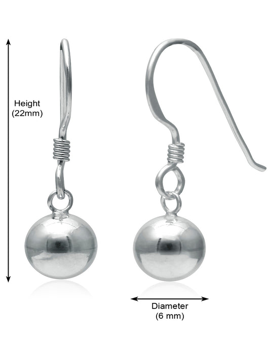 Designer 6 mm Round Ball Earrings in Pure 92.5 Sterling Silver Ear Wire